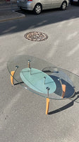 Vanvittigt flot sofa bord i glas, metal og træ.